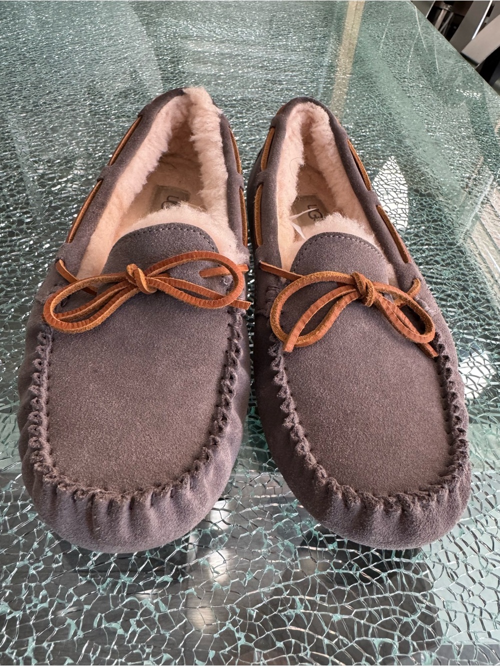 UGG women’s gray Suede Moccasin Slippers with Tan Leather Laces 9